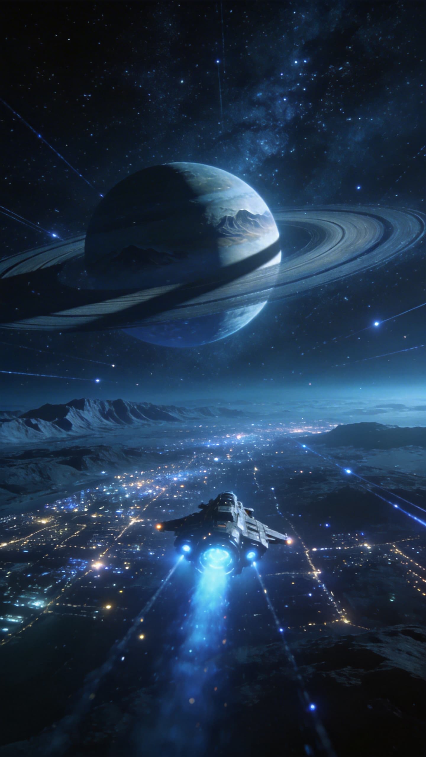 The starship's engines blaze with a deep blue glow, carving a brilliant trajectory through the vast expanse of space. In the distance, planets drift like suspended jewels, slowly rotating, their ringed mountain ranges casting long shadows under the starlight-an interplay of light and darkness that resembles a slumbering giant. Below, the city lights shimmer like an inverted galaxy, their flickering glow outlining the contours of civilization and echoing the stars above.

As the camera gradually pulls back, the starship shrinks into a single point of light, yet it carries an immense force as it speeds toward an unknown battlefield. Behind it lies the radiant glow of home; ahead, the boundless universe and its challenges. In the silence, the grand scene gathers tension, foreshadowing the eruption of an epic yet to unfold.